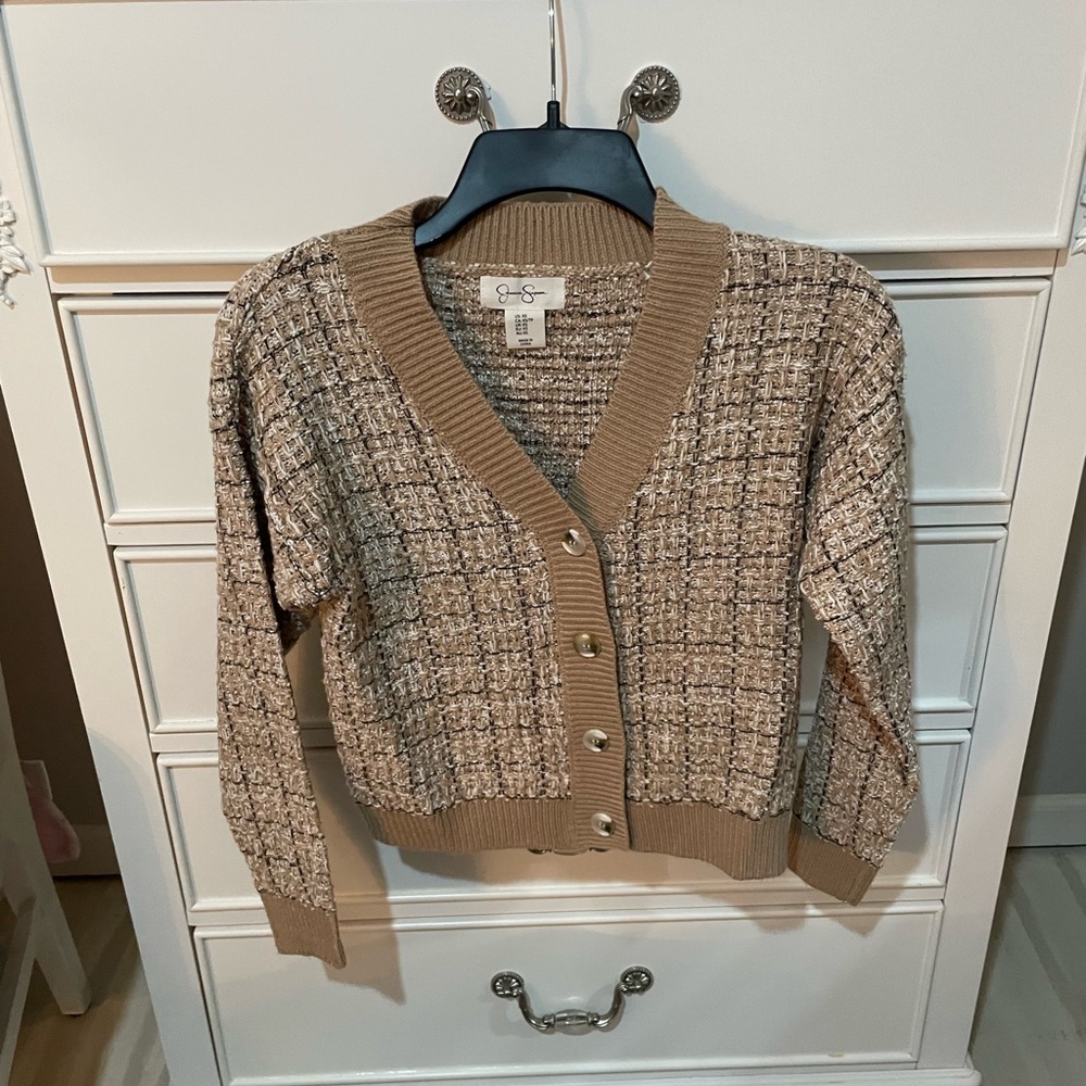 Jessica Simpson Beige Crochet-Textured V-Neck Cardigan Sxs Good used condition